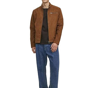 2025 automne hiver Cognac nouvelle mode hommes motif personnalisé col montant motard veste plaine teint toile-meilleure Option de gros - Product Image 3