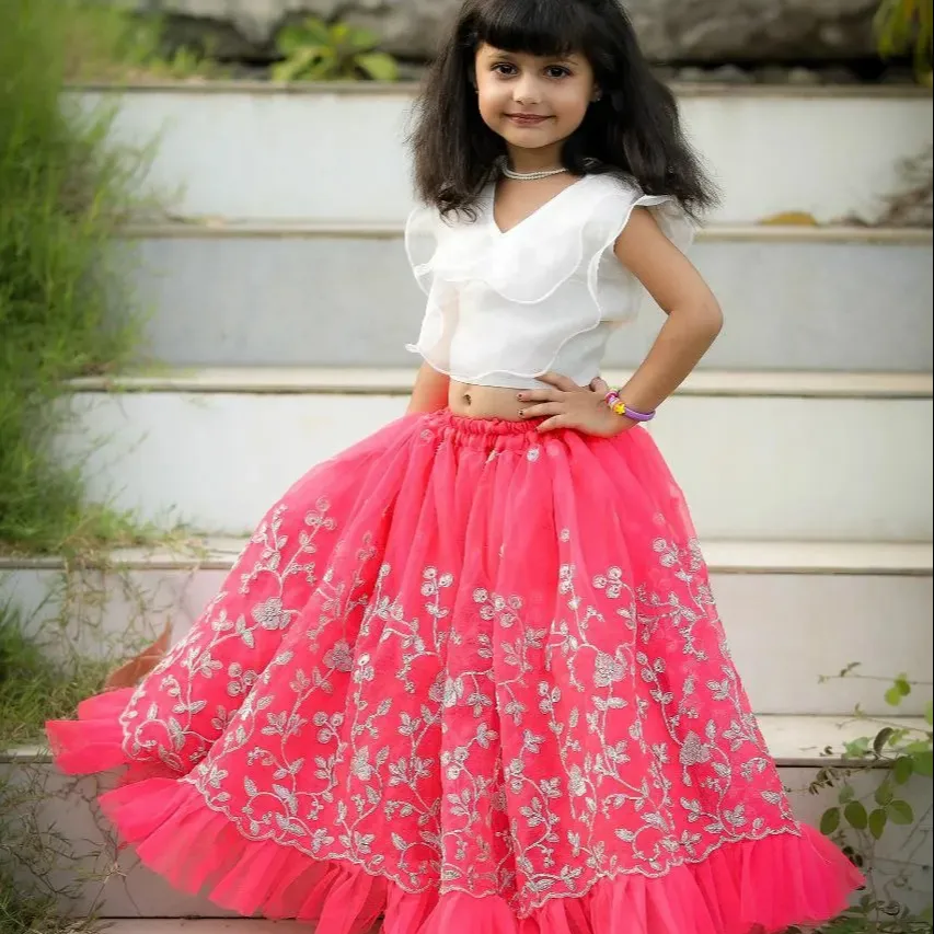 FULPARI kids 2-layer Sleeves Frill Design on Soft American Crape Base *Pink lehanga feels very relaxing girls lehenga