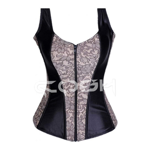 Corset en dentelle et résille satinée noire avec laçage au dos, bustier à fermeture éclair sur le devant - Product Image 1