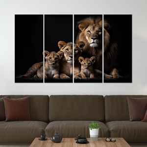Retrato de una familia de leones: arte mural en lienzo de vida silvestre majestuosa, juego de 4 lienzos - Product Image 1