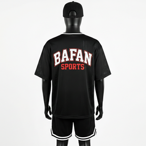 ชุดเซ็ตเสื้อผ้าตาข่ายพรีเมียมสำหรับผู้ชาย เนื้อผ้าโพลีเอสเตอร์ระบายอากาศ 150 GSM สีดำ ชุดกีฬา พร้อมปักโลโก้แบบ Tackle Twill สำหรับชุดผู้ชาย - Product Image 2