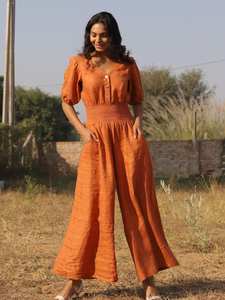 Mono vintage ODM naranja de lino/algodón de pierna ancha con manga abullonada, cuello en V, transpirable, dulce, de cintura media, para mujer, atuendo casual de verano - Product Image 6