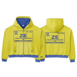 เสื้อฮู้ดซิปผู้ชาย ผ้าฟลีซคอตตอนโพลีเอสเตอร์ พรีเมียม 320 GSM สีเหลืองน้ำเงิน สกรีนพิมพ์ลายปักแบบกำหนดเอง พิมพ์ลายพัฟ DTF โลโก้ - Product Image 1