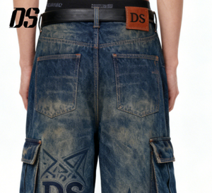 <span class=keywords><strong>Jeans</strong></span> Cargo Vintage Streetwear Blu Scuro con Etichetta Privata in <span class=keywords><strong>Pelle</strong></span>, Stampa Laser, Gamba Larga e Stile Baggy - Product Image 5