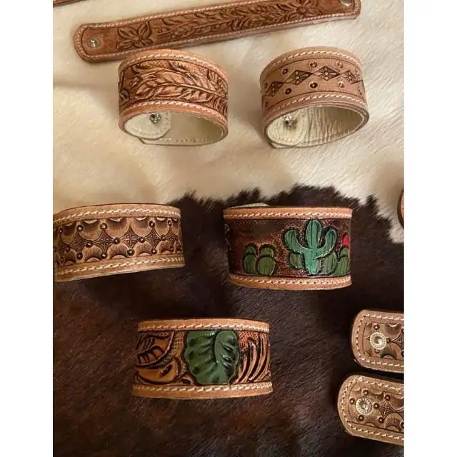 New Arrival Genuine Leather Western Hand Tooled And Hand Painted Leather Bracelet for Export Selling from India