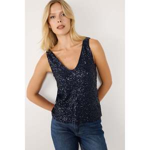 Blusa Casual Azul Marino con Cuello en V, Detalle de Lentejuelas Florales Chic, Cuello con Volantes, Talla XL, Viscosa Chifón, Logotipo Frontal, Primavera, Otoño, Fiestas - Product Image 3