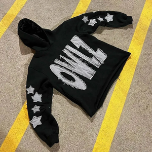 Sweat à capuche surdimensionné en coton 100% écologique, vintage, lavé, délavé, avec patchs brodés, appliqué, pour l'hiver - Product Image 3