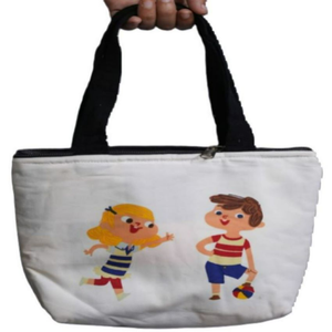 Customized <b>White</b> 100% Cotton Canvas Mini Tote <b>Bag</b> for Women Zipper Button Closure Adjustable Shoulder/Crossbody Strap Cartoon - Product Image 1