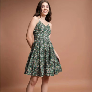 Indian Hand <b>Block</b> Floral <b>Printed</b> 100% Cotton Mini Dress New Trendy Summer Casual Wear Wedding Handmade Natural Waistline - Product Image 1