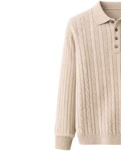 เสื้อโปโลถักลายแนวตั้ง แขนยาว คอติดกระดุม เนื้อผ้านุ่ม สีเบจ สำหรับฤดูหนาว รับสั่งซื้อจำนวนมากแบบขายส่ง - Product Image 3