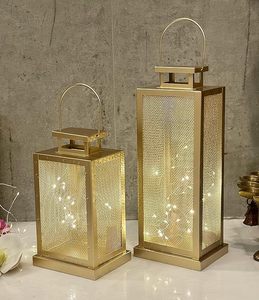 Set 2 Handmade UV Printed Home Decor Stainless Steel Mesh <b>Lanterns</b> <b>Candle</b> Tealight Holders Christmas Festivities Elegant Metal - Product Image 1