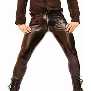 New Custom Brown PU Coated High Waist Zipper Fly Pencil Pants <b>Gothic</b> Style Spandex Nylon Heavyweight Moto Biker Pants - Product Image 1