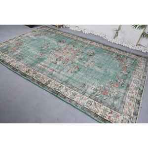 Alfombra turca vintage, diseño de retales verde y blanco, 6,2x9,7 pies, tejido plano de lana con respaldo de látex para decoración de sala de estar - Product Image 4