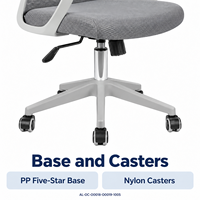 Chaise de bureau en maille noire et grise avec réglage en hauteur, accoudoirs fixes, base en PP et roulettes en nylon pour postes de travail
