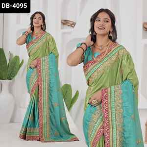 Saree en soie Chinon de style indien et pakistanais avec broderie Codding Design Work Heavy Saree Collections pour vêtements de mariage - Product Image 4