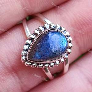 Dainty 925 Sterling <b>Silver</b> Labradorite <b>Ring</b> Boho Birthstone Jewelry with Natural Pear-Shaped Gemstone Handmade with <b>Garnet</b> Stone - Product Image 4