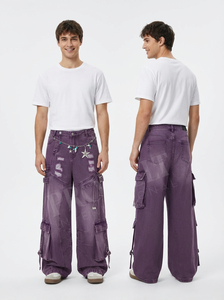 Pantalon cargo en jean décontracté, style tendance 2026, nouveau modèle, détail chaîne, jambe large, streetwear, coupe ample, pantalon utilitaire en jean - Product Image 6