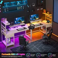 Escritorio para Juegos OEM con Tomas de Corriente, Luces LED RGB, Escritorio de Oficina con Cajones, Estantes de Almacenamiento y Soporte para Monitor para Espacios Pequeños