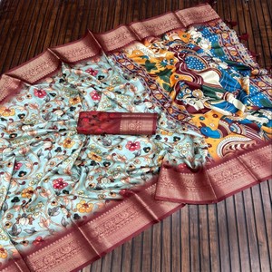 Sari de Seda de Lichi Pura con Estampado Digital Kalamkari Pichwai, Borde de Jacquard Enriquecido, Borlas en el Pallu, Calidad Premium - Product Image 1
