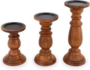 Portavelas Redondos para Velas de Pilar, Juego de 3, Estilo Vintage, Portavelas y Centro de Mesa de Madera de Mango para Comedor, Sala de Estar - Product Image 1