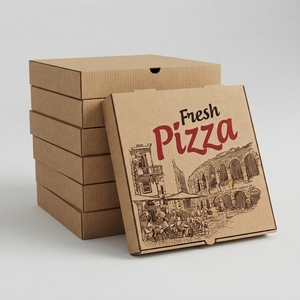 Boîte à pizza en carton ondulé kraft imprimé vintage robuste, vente en gros, logo personnalisé, résistante à la chaleur, emballage pour livraison à emporter - Product Image 1