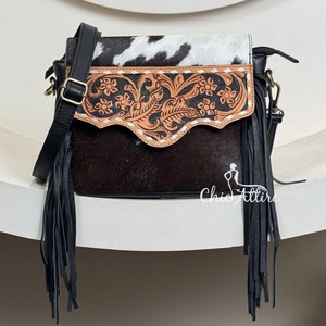 Bolso bandolera de cuero con flecos para mujer, bolso de hombro de diseñador de cuero genuino de lujo, bolsos de piel de vaca - Product Image 1