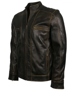 Venta caliente de los hombres Slim Fit Biker Jacket Nuevo producto-Cuero negro desgastado con cremallera de marca para montar en bicicleta de invierno - Product Image 2