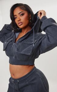 Vente en gros Charbon de bois personnalisé Goutte d'épaule femmes lavé Cargo sweat à capuche court anti-rides et respirant sweats à capuche femmes sweat à capuche zippé - Product Image 3