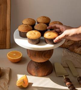 Luxury White <b>Marble</b> Cake Stand With Spherical Wooden Base Modern Dessert Pedestal <b>Round</b> Pastry Serving <b>Tray</b> for High End Events - Product Image 3