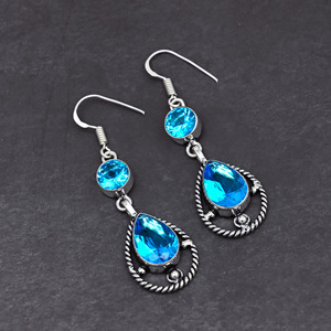 Piedra preciosa de Topacio Azul creada en laboratorio 10X14 MM Ajuste de bisel de pera Pendientes chapados en plata esterlina 1,90 pulgadas joyería fina regalo fiesta - Product Image 1