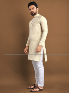 <b>Men's</b> Cream Cotton <b>Kurta</b> With White Churidar For Casual Wear Traditional Indian Pakistani Style Ankle-Length Regular Fit - Product Image 1
