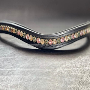 Handmade Soft Comfortable Padding & <b>Stitching</b> Empty Channel Leather Horse Brow Band Customized with Light Rose & Silk <b>Crystals</b> - Product Image 5