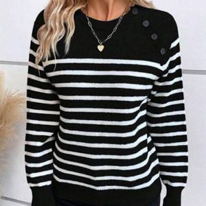 Suéter de Punto a Rayas para Mujer, Diseño Nuevo, Jersey con Botones en los Hombros - Product Image 3