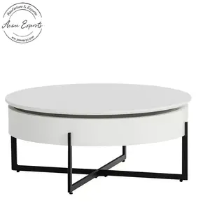 Luxury Quality Round Shape Low Hight Coffee Table with White Finished Wooden Top and Black Finished Iron Base for Living Room