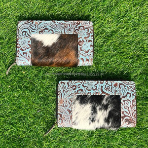 Nouveau véritable cuir de fourrure de vachette sculpture pochette coques de téléphone élégant nouveau Design à la main couleur Turquoise cuir occidental femmes portefeuille - Product Image 5
