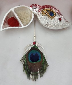 Handmade German Silver Haldi Kumkum Holder Chopra <b>Box</b>, Puja <b>Gift</b> Peacock Kumkum Stand with Velvet <b>box</b> - Product Image 6