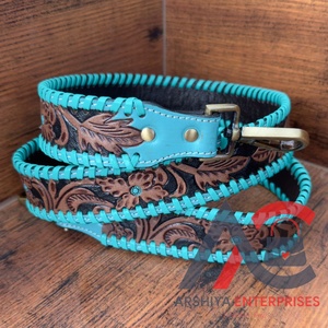 Correa de guitarra de cuero texturizado turquesa occidental correa de bandolera de repuesto de cuero genuino con broche de acabado de latón antiguo - Product Image 1