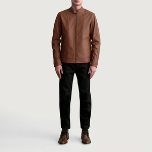 Chaqueta de cuero marrón para hombre, cuello alto, cierre de cremallera, ropa exterior informal elegante, ropa de otoño - Product Image 1