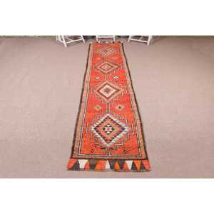 พรมตุรกี, พรมวินเทจขนาด 2.8x12.2 ฟุต, พรมขนสัตว์ลายดอกไม้สีแดงขาว - Product Image 1