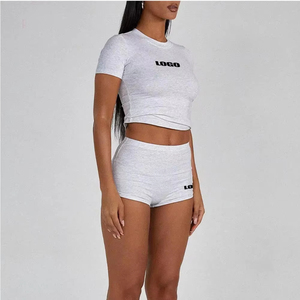 Logo personnalisé solide décontracté brodé femmes Fitness ensembles polyester/coton régulier haut pleine longueur Shorts deux pièces toutes saisons - Product Image 6