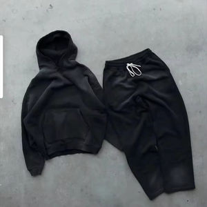 Survêtements neufs écologiques 100% coton lourd pour hommes, sweat à capuche long, pantalon droit ample, vintage, lavé, OEM, extérieur - Product Image 5