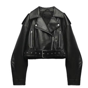 Veste courte en similicuir PU pour femme Ailegogo, style motard printemps/automne, avec ceinture, fermeture éclair et col châle - Product Image 1