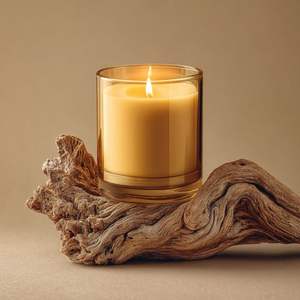 Bougie en cire d'abeille parfumée de luxe, pot en verre ambré, base en bois flotté naturel, parfum d'ambiance pour la maison, aromathérapie, décoration de mariage - Product Image 1