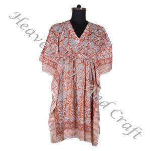 100% algodón Mujer ropa de dormir bloque de mano impreso Kaftan vestidos KFCS164 peso ligero mujeres Casual ocasión desgaste corto caftán vestido - Product Image 6
