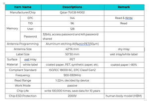 Inlay RFID UHF sec, taille 42x16mm, puce Quanrray 7U, fabriqué au Vietnam, 860-960 MHz, inlay RFID UHF personnalisable pour le suivi des articles - Product Image 2