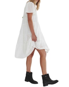 Nouvel été élégant maillot ample manches courtes décontracté robe mi-longue avec taille naturelle ceinture bouton avant à plusieurs niveaux a-ligne ODM - Product Image 1