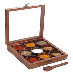 Boîte à épices en bois artisanale indienne Produit décoratif pour la maison Nouveau design Stockage de cuisine naturel Article en acacia Meilleure qualité Meilleure vente - Product Image 1