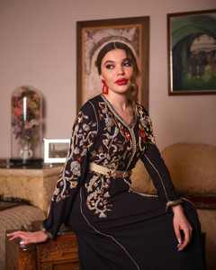 2025 recién llegado caftán marroquí de seda negra para adultos vestido informal bordado a mano para fiestas Ramadán Eid musulmán tradicional - Product Image 5