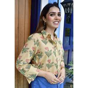 Camisa de Algodón Popelina Satinado de Manga 3/4 para Mujer, Estampado Floral de Flores del Desierto, Diseño Artesanal, Ropa Casual de Oficina para Primavera/Verano, Tallas XL a 4XL - Product Image 3
