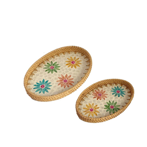 Plateau de service élégant en rotin Plateau décoratif élégant floral bleu nacre mosaïque incrustée de canne tissée naturelle pour la restauration à domicile - Product Image 3